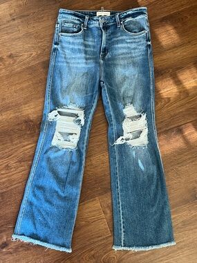 Risen Jeans Distressed Flare Cropped Denim High Rise Raw Hem Women’s Size 13/31